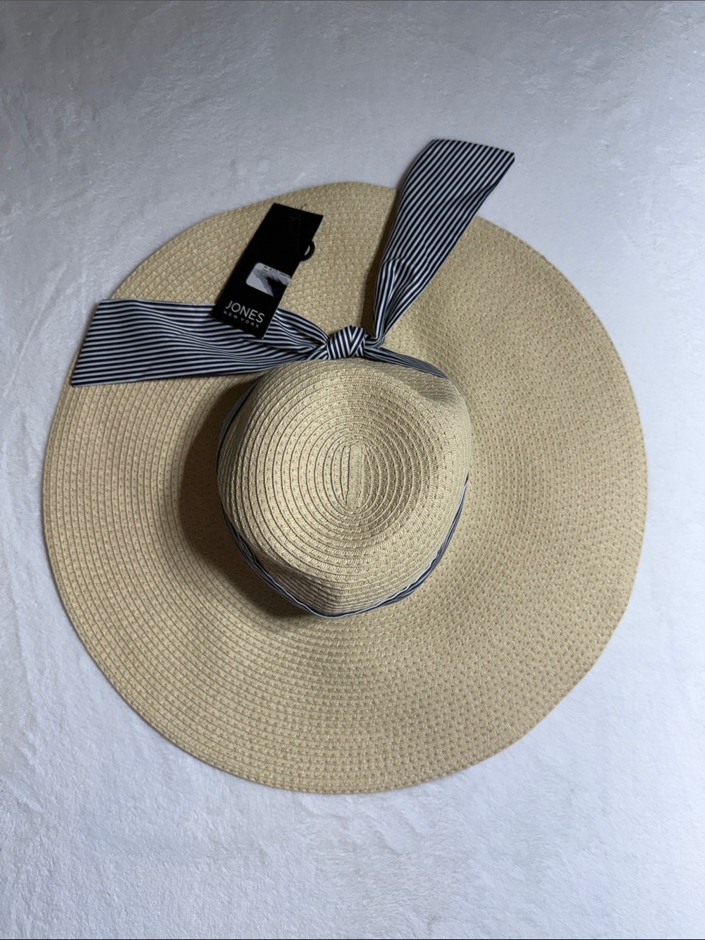 Jones New York Wide Brim Straw Sun Hat with Navy-White Stripe Band - Picture 7 of 7